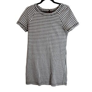 Loft Black White Grid Pattern Short Sleeve Zipper Neck Shift Dress M